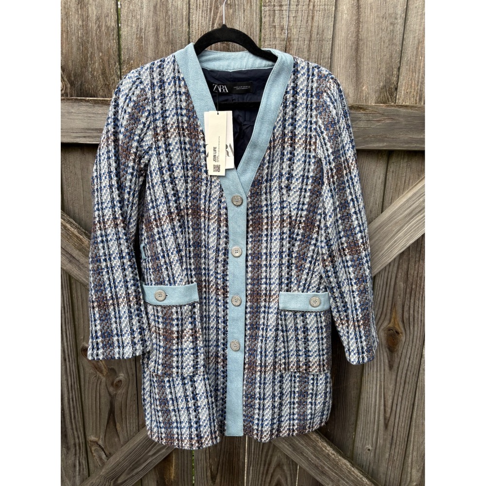 Zara Join Life Blue Brown Tweed Longline Blazer Jacket Coat 8814/165/330 Women M